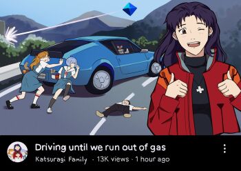 1boy 3girls ayanami_rei bird blue_eyes blue_hair blue_skirt breasts brown_hair car collarbone day energy_gun fake_screenshot gorgonz0laaa highres ikari_shinji injury interface_headset_(evangelion) jacket katsuragi_misato long_hair looking_at_viewer motor_vehicle multiple_girls neck_ribbon neon_genesis_evangelion outdoors penguin penpen purple_hair pushing ramiel_(evangelion) red_jacket red_ribbon ribbon road school_uniform shirt short_hair simple_background skirt smile smug souryuu_asuka_langley suspender_skirt suspenders tokyo-3_middle_school_uniform twitter_username weapon white_shirt