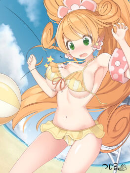 1girl armpits ball bare_shoulders beach beachball bikini blush bouncing breasts cloud curly_hair fang frilled_bikini frills green_eyes kai_(nyanko_daisensou) large_breasts long_hair navel nyanko_daisensou open_mouth signature skin_fang sky striped_bikini striped_clothes swimsuit twin-7646 very_long_hair