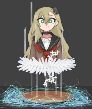 1girl asymmetrical_bangs black_choker black_sailor_collar blonde_hair brown_shirt choker collarbone cropped_torso derivative_work furrowed_brow green_eyes grey_background highres insect_hair_ornament long_hair looking_at_viewer matangom matangomu-chan meitantei_conan model neckerchief original parody photo-referenced pillbug raised_eyebrows red_neckerchief sailor_collar school_uniform serafuku shirt smirk sparkle