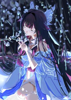 1girl absurdres black_hair closed_eyes columbina_(genshin_impact) dress eye_mask flower genshin_impact hair_intakes hair_ornament hashtag-only_commentary head_wings highres long_hair mask mochi_upamo multicolored_hair plum_blossoms purple_hair sitting solo streaked_hair two-tone_hair very_long_hair white_dress white_wings wings x_hair_ornament yokozuwari