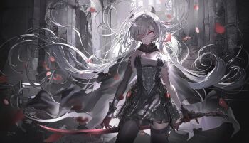 1girl absurdly_long_hair absurdres armlet asymmetrical_sleeves berenica_(duet_night_abyss) black_cape black_dress black_gloves black_horns black_thighhighs breasts cape character_request check_character chinese_commentary cowboy_shot detached_collar detached_sleeves dress duet_night_abyss eyes_visible_through_hair falling_petals floating_hair gloves hair_over_one_eye highres holding holding_behind_back holding_weapon_behind_back horns jewelry long_hair looking_at_viewer medium_breasts multicolored_gloves petals red_eyes red_gloves red_petals ririo rose_petals scenery sidelocks single_detached_sleeve solo sword thighhighs very_long_hair weapon white_hair