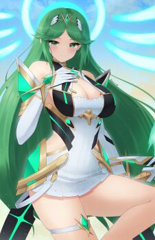 Rule 34 | 1girl, alternate costume, breasts, cleavage, cosplay, doiparuni, green eyes, green hair, kid icarus, kid icarus uprising, large breasts, mythra (xenoblade), mythra (xenoblade) (cosplay), palutena, xenoblade chronicles (series), xenoblade chronicles 2