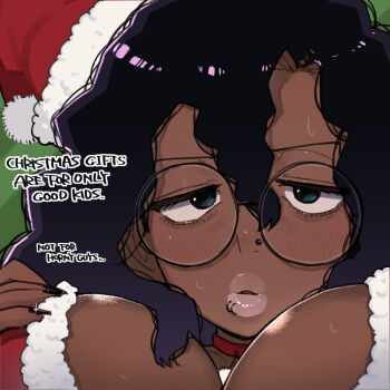 1girl aqua_eyes black_hair black_nails blush breasts broccoli_(ohasi) choker close-up commentary dark-skinned_female dark_skin dress english_text face_piercing fingernails glint hair_between_eyes half-closed_eyes hat kinky_hair large_breasts light-skinned_palms lip_piercing long_fingernails long_hair nail_polish nose_piercing nostril_piercing ohasi original parted_lips piercing red_choker santa_costume santa_dress santa_hat sharp_fingernails side_labret_piercing solo sweat symbol-only_commentary thick_lips v-shaped_eyebrows very_dark_skin