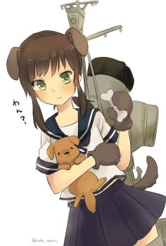 1girl :3 animal animal_ears animal_hands blue_neckerchief blue_sailor_collar blue_skirt blush bone brown_hair commentary_request cowboy_shot dog dog_ears dutch_angle fubuki_(kancolle) gloves green_eyes highres holding holding_animal holding_bone holding_dog kantai_collection long_hair low_ponytail mast midriff_peek motohara_moka neckerchief paw_gloves pleated_skirt ponytail ribbon sailor_collar short_hair sidelocks simple_background skirt smokestack solo white_background