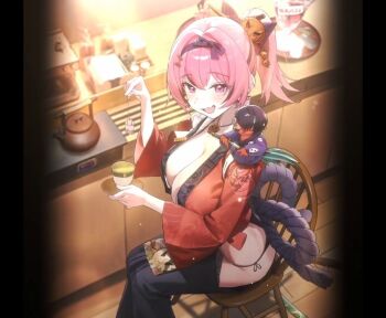 Rule 34 | bikini, black hakama, bow, breasts, chair, cleavage, commentary request, cup, fang, foreshortening, game cg, goddess of victory: nikke, groin, hair between eyes, hair intakes, hakama, highres, japanese clothes, jewelry, kimono, light blush, mast (nikke), mast (romantic maid) (tea service) (nikke), nasaca, necklace, official alternate costume, official art, pink hair, ponytail, red kimono, rope, shimenawa, side-tie bikini bottom, sitting, skin fang, smile, swimsuit, teabag, teacup, teapot