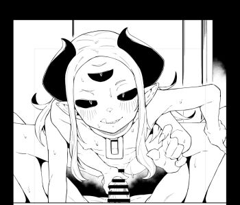 1boy 1girl :d bar_censor black_horns black_sclera breasts censored collar colored_sclera commentary completely_nude cowgirl_position curled_horns erection extra_arms fingernails greyscale horns long_hair monochrome monster_girl nipples nude open_mouth original pussy sharp_fingernails sharp_teeth small_breasts smile spread_legs straddling sweat symbol-only_commentary teeth third_eye tongue tongue_out zettai_yarumoni