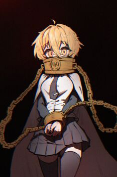 1girl ahoge black_necktie black_skirt black_thighhighs blonde_hair bound bound_wrists breasts cape chain chromatic_aberration collar collared_shirt commentary_request covered_mouth cowboy_shot cuffs cuffs-to-collar dark_background don_quixote_(project_moon) film_grain gold_chain gold_collar hair_between_eyes highres index_(identity)_(project_moon) jmeakat korean_commentary limbus_company long_sleeves metal_collar miniskirt necktie pleated_skirt project_moon shackles shirt short_hair skirt solo standing thighhighs tie_clip white_cape white_shirt yellow_eyes zettai_ryouiki