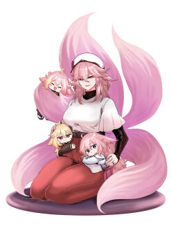 4girls absurdres aepuru_arts alternate_costume animal_ears belt black_shirt blonde_hair breasts closed_eyes commentary earrings english_commentary fox_ears fox_girl fox_tail genshin_impact hat highres if_they_mated jewelry kneeling large_breasts layered_shirt looking_at_viewer mother_and_daughter multicolored_hair multiple_girls multiple_tails open_mouth pants pink_hair purple_eyes red_pants ring shirt single_earring smile tail wedding_ring white_hat white_shirt yae_miko