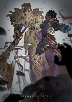 Rule 34 | 2girls, absurdres, aiming, aiming at viewer, aquila (symbol), armor, armored corset, artist name, axe, banner, battle standard, battlefield, black hair, blonde hair, blood, blood on breasts, blood on face, blood on hands, blue eyes, blue lips, breasts, clawed gauntlets, cleavage, cleavage cutout, clothing cutout, commission, dark-skinned female, dark skin, dated, eye trail, faulds, highres, holding, holding axe, imminent death, large breasts, laurel crown, light trail, looking at another, multiple girls, pauldrons, pelvic curtain, plasma pistol, pov, pov hands, power armor, shoulder armor, tall female, war banner, warhammer 40k, yuri, zsanjani