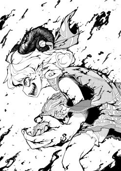 1girl absurdres bare_shoulders curly_hair detached_sleeves greyscale highres horizontal_pupils horn_ornament horn_ribbon horns meandros monochrome motutigire patterned_clothing petroleum rectangular_pupils ribbon sharp_teeth sheep_horns teeth touhou toutetsu_yuuma