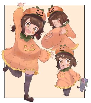 1girl alternate_costume beret blush breasts brown_eyes brown_hair cleavage_cutout clothing_cutout collar collared_dress draph dress eating food frilled_dress frills granblue_fantasy green_neckwear halloween halloween_costume hands_on_own_chest happy_halloween hat highres horns ice_cream jack-o&#039;-lantern large_breasts long_sleeves medium_hair one_eye_closed oppai_loli orange_dress orange_theme pointy_ears pumpkin_costume pumpkin_hat purple_thighhighs pushing_breasts_together ribbed_dress simple_background smile solo star_(symbol) sticker striped_clothes striped_thighhighs stuffed_animal stuffed_toy swept_bangs teddy_bear thighhighs trick_or_treat yaia_(granblue_fantasy)