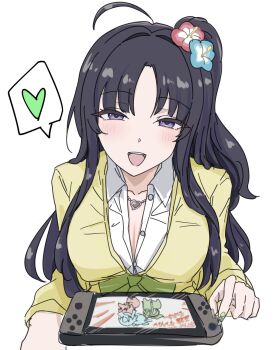 1girl ahoge awa_subaru black_hair breasts cardigan cleavage collarbone girls_band_cry gyaru highres iseri_nina kawaragi_momoka long_hair long_sleeves n_nai_nai_n nintendo_switch one_side_up open_mouth parted_bangs partially_unbuttoned purple_eyes school_uniform sidelocks simple_background solo yellow_cardigan