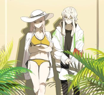 1boy 1girl armband asclepius_(fate) asclepius_(summer_rescue)_(fate) bikini black_leggings black_shirt breasts closed_mouth commentary crossed_arms crossed_bangs fate/grand_order fate_(series) florence_nightingale_(chaldea_lifesavers)_(fate) florence_nightingale_(fate) green_eyes hair_between_eyes hat highres hood hooded_jacket jacket jacket_on_shoulders large_breasts leggings leggings_under_shorts long_hair long_sleeves looking_at_viewer navel open_clothes open_jacket palm_leaf pink_eyes pink_hair red_armband shirt short_hair_with_long_locks shorts side-by-side side-tie_bikini_bottom standing sun_hat swimsuit tetota_tettou underboob whistle whistle_around_neck white_hair white_hat white_jacket white_shorts yellow_bikini