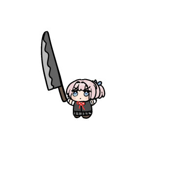 Rule 34 | 1girl, black skirt, black vest, blue eyes, chibi, kantai collection, kaomoji (sagor00237), knife, oversized object, pink hair, ponytail, shiranui (kancolle), shirt, short hair, simple background, skirt, solo, vest, white background, white shirt
