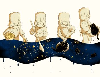 Rule 34 | 2boys, 2girls, absurdres, animal, animal ears, apron, avogado6, back bow, black cat, black eyes, black fur, blue sky, bow, bowl, buttons, cat, cat ears, cat tail, chef hat, closed eyes, closed mouth, colored sclera, commentary request, cowboy shot, crescent, from side, hair between eyes, hands up, hat, highres, holding, holding animal, holding bowl, long sleeves, looking at animal, looking at object, looking down, mixing, multiple boys, multiple girls, night, no mouth, original, partially colored, short hair, sieve, simple background, sky, smile, standing, star (sky), tail, upper body, waist apron, white background, yellow sclera