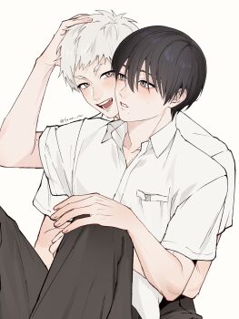 2boys absurdres arm_around_waist black_hair collarbone collared_shirt commentary_request eye_contact grey_eyes grey_pants hand_on_another's_head hand_on_own_knee highres hikaru_ga_shinda_natsu indou_hikaru looking_at_another looking_to_the_side male_focus multiple_boys open_collar open_mouth pants parted_lips shirt short_sleeves sideways_glance simple_background sitting smile sono_nu teeth tsujinaka_yoshiki white_background white_hair white_shirt yaoi