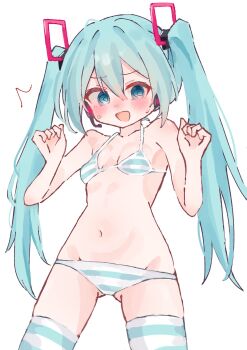 1girl bikini blue_bikini blue_eyes blue_hair blue_thighhighs blush breasts commentary_request cowboy_shot dot_nose double-parted_bangs gluteal_fold hair_between_eyes hands_up hatsune_miku headset highres looking_at_viewer navel nose_blush nunu_(pos_9862) open_mouth simple_background skindentation small_breasts solo square_hair_ornament standing stomach striped_bikini striped_clothes striped_thighhighs sweatdrop swimsuit thighhighs twintails vocaloid white_background white_bikini white_thighhighs