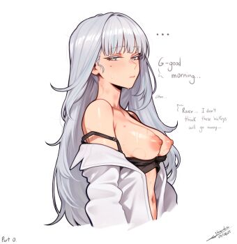 ... 1girl absurdres armpit_crease bite_mark bite_mark_on_breast bite_mark_on_neck black_bra blush bra bra_pull breasts bright_pupils closed_mouth clothes_down clothes_pull collarbone colored_eyelashes commentary cropped_torso dated english_commentary english_text from_side hair_down hickey highres jinhsi_(wuthering_waves) looking_at_viewer looking_to_the_side medium_breasts mole mole_on_cheek multicolored_hair navel nipples shirt shiwudesu signature simple_background solo stomach strap_slip streaked_hair sweat underwear white_background white_eyelashes white_eyes white_hair white_pupils white_shirt wuthering_waves