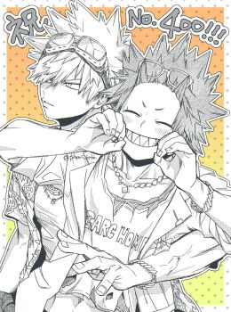 2boys arm_hug bakugou_katsuki boku_no_hero_academia bracelet commentary_request eyewear_on_head facing_viewer fingernails goggles goggles_on_head greyscale_with_colored_background grin hand_in_pocket highres jewelry kirishima_eijiro male_focus multiple_boys open_clothes open_shirt sharp_teeth short_hair smile spiked spiked_hair teeth translation_request tsukota