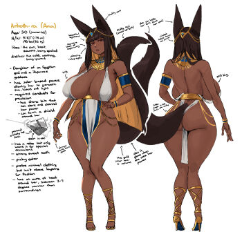 1girl ancient_egyptian ancient_egyptian_clothes animal_ears ankh armlet arrow_(symbol) backboob bare_shoulders black_hair blonde_hair breasts character_name character_profile cleavage colored_inner_hair dark-skinned_female dark_skin egyptian_fox_(roresu) english_text full_body high_heels highres huge_breasts jackal_ears jewelry mature_female multicolored_hair multiple_views original pelvic_curtain pointing_out_the_details reference_sheet revealing_clothes roresu standing tail turnaround usekh_collar