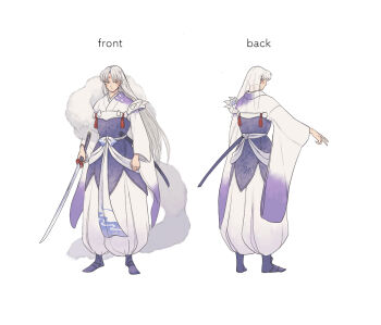 Rule 34 | 1boy, armored boots, boots, closed mouth, coffee beans (5offee8eans), commentary request, crescent, crescent facial mark, facial mark, forehead mark, front and back, fur shawl, furisode, hakama, hakama pants, inuyasha, japanese clothes, kimono, long hair, long sleeves, male focus, multiple views, outstretched arm, pants, pointy ears, scabbard, sesshoumaru, shawl, sheath, shoulder spikes, simple background, spikes, standing, sword, tassel, unsheathed, very long hair, weapon, whisker markings, white background, white hair, white hakama, white kimono