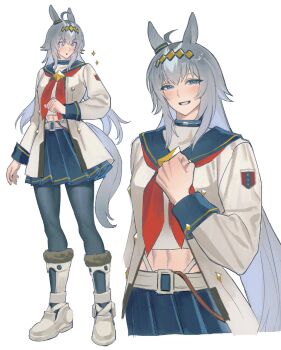 1girl 35684187031 ahoge animal_ears black_leggings blue_eyes blue_sailor_collar blush boots breasts brooch ear_ornament grey_hair grey_tail hair_between_eyes hair_ornament hairband highres horse_ears horse_girl horse_tail jacket jewelry leggings long_hair long_sleeves looking_at_viewer midriff multicolored_hair navel neckerchief oguri_cap_(starlight_beat)_(umamusume) oguri_cap_(umamusume) open_mouth pleated_skirt red_neckerchief sailor_collar shirt simple_background skirt smile star_brooch tail teeth umamusume white_background white_boots white_jacket white_shirt