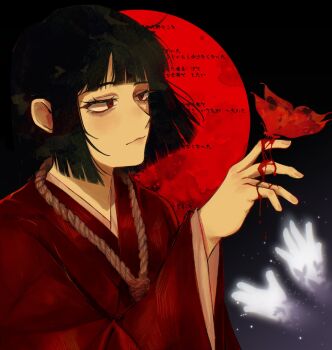 1girl black_hair blood blood_on_hands blunt_bangs bob_cut bug butterfly commentary english_commentary ghost hell_screen highres insect japanese_clothes kimono lets_lam3nt limbus_company moon noose project_moon red_eyes red_kimono red_moon ryoshu_(project_moon) solo