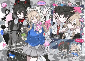 black_hair blonde_hair character_request commentary_request evodtonaeco glasses green_eyes jacket long_hair necktie original shirt smile