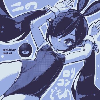 1girl animal_ears arms_up backbeako_(torotei) backbeard bare_shoulders blue_background blush breasts closed_mouth commentary_request covered_navel dated dated_commentary fake_animal_ears female_focus gegege_no_kitarou gloves hair_over_one_eye hair_ribbon kono_lolicon_domome loli long_hair looking_at_viewer monochrome one_eye_closed original paid_reward_available playboy_bunny pointy_ears rabbit_ears rabbit_pose ribbon ringed_eyes simple_background small_breasts smile solo torotei translated twintails watermark web_address wrist_cuffs