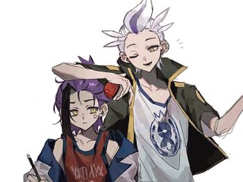 2boys arm_on_another&#039;s_head black_hair commentary_request drayton_(pokemon) height_difference holding holding_pencil holding_poke_ball jacket kieran_(pokemon) korean_commentary male_focus mole mole_on_neck multicolored_hair multiple_boys nintendo one_eye_closed open_clothes open_jacket open_mouth pencil poke_ball pokemon pokemon_sv pokesol_1083 purple_hair red_tank_top simple_background spiked_hair tank_top upper_body white_background white_hair white_jacket white_tank_top yellow_eyes