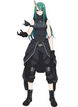 1girl anime_coloring arknights armband black_boots black_gloves black_pants black_shirt boots breasts clenched_hands closed_mouth collared_shirt crossed_bangs full_body gloves green_hair hair_between_eyes hand_up horns hoshiguma_(arknights) jacket knee_guards large_breasts long_hair long_sidelocks looking_at_viewer narrow_waist official_art open_hand pants shirt sidelocks simple_background single_horn skin-covered_horns sleeveless solo standing takafuji_aya transparent_background yellow_eyes