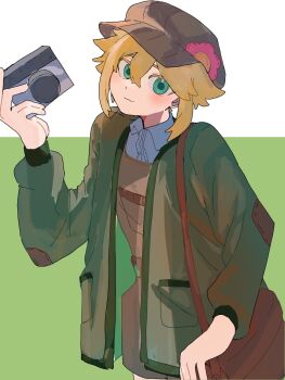 Rule 34 | 1boy, :3, bag, basil (birthday) (omori), basil (faraway) (omori), basil (omori), blonde hair, brown bag, brown hat, brown overalls, buttons, camera, cardigan, closed mouth, collared shirt, colored eyelashes, commentary request, cowboy shot, double-parted bangs, flipped hair, flower, green background, green cardigan, green eyes, grey shirt, hair behind ear, hair between eyes, hand up, hat, head tilt, highres, holding, holding camera, long sleeves, male focus, newsboy cap, official alternate costume, omori, open cardigan, open clothes, overall shorts, overalls, pink flower, pocket, puffy long sleeves, puffy sleeves, shirt, short hair, shoulder bag, sidelighting, sidelocks, simple background, smile, solo, standing, tareme, tokkooyaku, two-tone background, white background