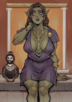 arm_up black_lips blush breasts brown_eyes brown_hair clenched_teeth colored_skin curly_hair dress earrings female_orc gold_earrings greco-roman_clothes green_skin headband highres jewelry large_breasts low-cut muscular muscular_arms muscular_female orc original pointy_ears pottery purple_dress see-through_clothes sitting teeth tusks ykshelter