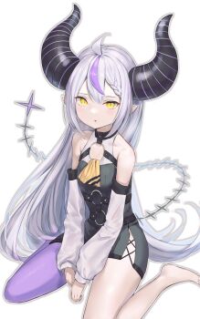1girl absurdres ahoge bare_shoulders barefoot braid braided_bangs closed_mouth cross-laced_clothes cross-laced_dress demon_horns detached_sleeves double-parted_bangs dress full_body hair_between_eyes halterneck highres hololive horns la+_darknesss la+_darknesss_(1st_costume) light_blush long_hair long_sleeves looking_at_viewer multicolored_hair neckerchief pantyhose pointy_ears puffy_long_sleeves puffy_sleeves purple_horns purple_pantyhose simple_background single_bare_foot single_leg_pantyhose sitting sleeveless sleeveless_dress slit_pupils solo streaked_hair striped_horns tail tem_(tempainting1) very_long_hair virtual_youtuber wariza white_background white_hair yellow_eyes yellow_neckerchief