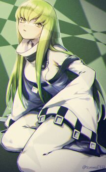 1girl arm_support belt black_belt bodysuit c.c. code_geass commentary_request eyebrows_hidden_by_hair foot_out_of_frame green_background green_hair hair_between_eyes hand_on_own_thigh long_hair long_sleeves looking_at_viewer parted_lips sidelocks simple_background sitting sleeves_past_fingers sleeves_past_wrists solo soraao0322 straight_hair straitjacket twitter_username very_long_hair white_bodysuit wide_sleeves yellow_eyes yokozuwari