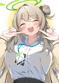 1girl absurdres black_bow blonde_hair blue_archive blush bow breasts closed_eyes collared_shirt green_halo hair_bow hair_bun halo happy highres huge_breasts id_card long_hair long_sleeves mizumok1 nonomi_(blue_archive) open_mouth pleated_skirt school_uniform shirt single_hair_bun skirt solo white_shirt