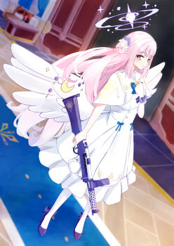 1girl angel_wings blue_archive blue_bow blurry blurry_background blush bow buttons capelet closed_mouth commentary_request crescent double-breasted dress feathered_wings flower gold_trim gradient_hair gun hair_bun hair_flower hair_ornament halo high_heels highres holding holding_gun holding_weapon indoors koyasuron lanchester_smg long_hair low_wings mika_(blue_archive) multicolored_hair pantyhose pink_hair pink_halo pumps purple_flower single_hair_bun single_side_bun smile solo submachine_gun very_long_hair weapon white_capelet white_dress white_hair white_pantyhose white_wings wing_ornament wings yellow_eyes