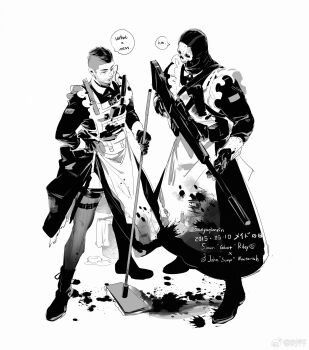 Rule 34 | 2boys, absurdres, alternate costume, apron, blood, blood on clothes, call of duty, call of duty: modern warfare 2, chanyuqianxin, chinese commentary, clothes lift, commentary request, crossdressing, crossdressing (mtf), dated, dress, dress lift, english text, enmaided, facial hair, frilled apron, frills, full body, ghost (modern warfare 2), gloves, greyscale, gun, highres, holding, holding gun, holding weapon, long sleeves, maid, male focus, male maid, mask, mohawk, monochrome, mop, multiple boys, short hair, short sleeves, simple background, skull mask, soap (modern warfare 2), standing, thighhighs, weapon, white background