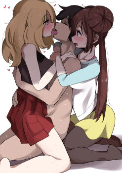 1boy 2girls absurdres bare_arms bare_legs bare_shoulders barefoot black_hair black_pantyhose black_shirt blonde_hair blush breasts brown_hair calem_(pokemon) closed_eyes clothed_female_nude_male collared_shirt commentary_request commission double_bun french_kiss from_side girl_sandwich hair_bun hand_on_another&#039;s_back hand_on_another&#039;s_shoulder hands_up heart hetero high-waist_skirt highres hug hug_from_behind kiss kneeling leaning_forward long_hair medium_breasts messy_hair miniskirt multiple_girls nintendo nose_blush nude open_mouth pantyhose pleated_skirt pokemon pokemon_bw2 pokemon_xy red_skirt reona_(mesuinupoke) rosa_(pokemon) saliva sandwiched serena_(pokemon) shirt shorts skirt sleeveless sleeveless_shirt sweat tearing_up tears three-quarter_sleeves tongue tongue_out yellow_shorts