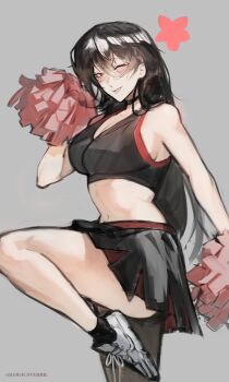 1girl ;d absurdres arm_up black_hair black_skirt breasts commentary double-parted_bangs english_commentary foot_out_of_frame hair_between_eyes head_tilt highres holding holding_pom_poms knee_up logicsterrr long_hair looking_at_viewer morgan_(shadow_slave) one_eye_closed open_mouth pom_pom_(cheerleading) pom_poms red_eyes revealing_clothes shadow_slave shoes skirt smile sneakers solo stomach