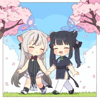 Rule 34 | 2girls, :d, animal ear fluff, animal ears, black dress, black hair, black shoes, black socks, blue archive, blue halo, blush, cherry blossoms, chibi, china dress, chinese clothes, closed eyes, closed mouth, dress, grey hair, halo, holding hands, kokona (blue archive), long hair, multicolored hair, multiple girls, onyhakase, open mouth, pelvic curtain, petals, shoes, short sleeves, shun (blue archive), shun (small) (blue archive), siblings, sisters, smile, socks, streaked hair, striped clothes, striped dress, thighhighs, tiger ears, tiger girl, twintails, vertical-striped clothes, vertical-striped dress, very long hair, walking, white shoes, white thighhighs