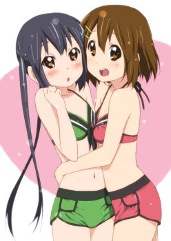 2girls :d :o black_hair blush brown_eyes brown_hair dolphin_shorts errant hair_ornament hairclip halterneck hirasawa_yui hug k-on! long_hair multiple_girls nakano_azusa navel open_mouth round_teeth short_hair short_shorts shorts smile swimsuit teeth twintails yuri