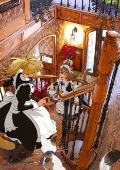 2girls animal animal_ear_fluff animal_ears apron baluster black_dress black_shoes blonde_hair blue_ribbon braid brown_hair cat cat_ears cat_girl cat_tail commentary cup double-parted_bangs dress english_commentary flower frilled_apron frills from_above highres holding holding_tray indoors long_dress long_sleeves maid_apron maid_headdress medium_hair multiple_girls neck_ribbon open_mouth original pet plate railing red_flower ribbon shoes slice_of_life smile spiral_staircase stairs standing tail teacup teapot tray umishima_senbon vase wall_lamp wallpaper_(object) watermark watermark_grid white_apron wooden_floor