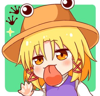 Rule 34 | 1girl, blonde hair, blush, chibi, commentary request, hair ribbon, hand on screen, licking screen, long sleeves, looking at viewer, moriya suwako, purple hair, red ribbon, revision, ribbon, shirt, short hair, sidelocks, solo, sparkle, tongue, tongue out, touhou, white shirt, yellow eyes, yige lurenjia
