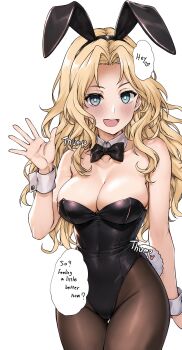 1girl animal_ear_hairband animal_ears bare_shoulders black_leotard black_pantyhose blonde_hair blue_eyes blush bow bowtie breasts cleavage collarbone commentary_request covered_navel detached_collar elf_(stroll_in_the_woods) english_text fake_animal_ears girls_und_panzer hairband hand_up highleg highleg_leotard highres kay_(girls_und_panzer) large_breasts leotard long_hair looking_at_viewer open_mouth pantyhose parted_bangs playboy_bunny rabbit_ear_hairband rabbit_ears rabbit_tail simple_background smile solo speech_bubble standing strapless strapless_leotard tail white_background white_wrist_cuffs wrist_cuffs