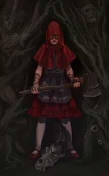 Rule 34 | 1girl, axe, bandaged arm, bandages, blonde hair, blood, blood on face, dress, eyeball, full body, glasgow smile, glowing, glowing eyes, highres, little red riding hood (fairy tale), little red riding hood (fairy tale character), pantyhose, red dress, red hood, scar, scar on arm, scar on hand, sendai (nazonomono), skull, smile, solo