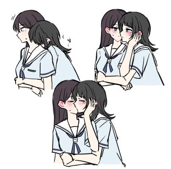 Rule 34 | 2girls, bang dream!, bang dream! it's mygo!!!!!, black hair, blue eyes, blue shirt, commentary, couple, crying, crying with eyes open, hanasakigawa school uniform, hashtag-only commentary, highres, hug, hug from behind, long hair, medium hair, multiple girls, open mouth, purple eyes, school uniform, serafuku, shiina taki, shirt, short hair, simple background, tears, white background, white shirt, yahata umiri, you100086, yuri