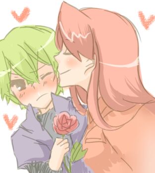 blush closed_eyes drew_(pokemon) flower green_eyes green_hair hagino_aki heart lowres nintendo pink_hair pokemon pokemon_(anime) pokemon_rse_(anime) rose solidad_(pokemon)