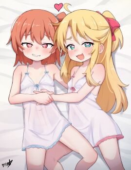 2girls :3 :d absurdres ahoge bare_shoulders bed_sheet blonde_hair blush boppin bow closed_mouth collarbone commentary commission covered_navel cowboy_shot dress green_eyes grin hair_between_eyes hair_bow heart heart_in_eye highres himesaka_noa holding_hands hoshino_hinata loli long_hair looking_at_viewer lying multiple_girls naughty_face nightgown on_back on_bed one_side_up open_mouth orange_hair paid_reward_available red_bow red_eyes see-through_clothes short_hair sleeveless sleeveless_dress smile symbol_in_eye thick_eyebrows watashi_ni_tenshi_ga_maiorita! white_dress white_nightgown