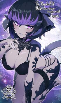 1girl au_ra bilingual_commentary black_bra black_hair black_nails bra breasts cleavage commentary commission dragon_girl dragon_horns dragon_tail english_commentary fangs final_fantasy final_fantasy_xiv fingernails garter_straps hand_up highres horns jewelry large_breasts looking_at_viewer matsumoto_tomoyohi mixed-language_commentary multicolored_hair original parted_lips purple_eyes purple_hair ring scales short_hair skeb_commission slit_pupils smile solo tail thigh_strap two-tone_hair underwear underwear_only